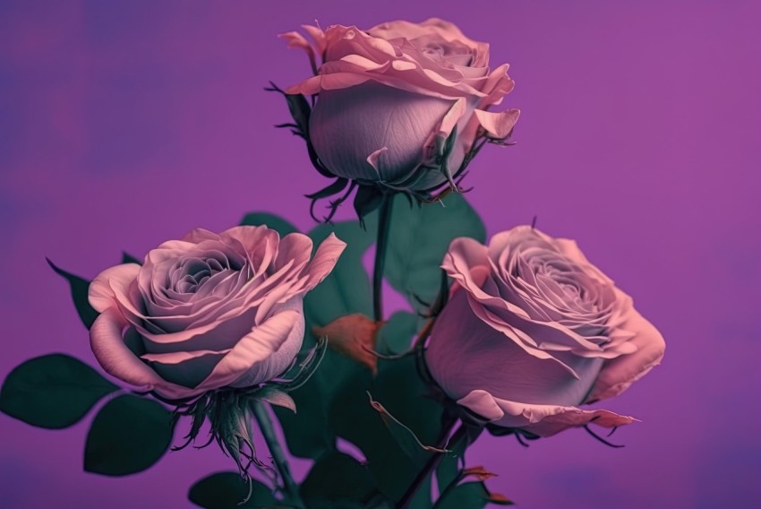 Pink Roses in Front of Purple Flowers - Surreal and Dreamlike Composition
