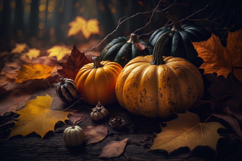 Halloween Photography Wallpaper | Pumpkins and Fall Leaves Composition