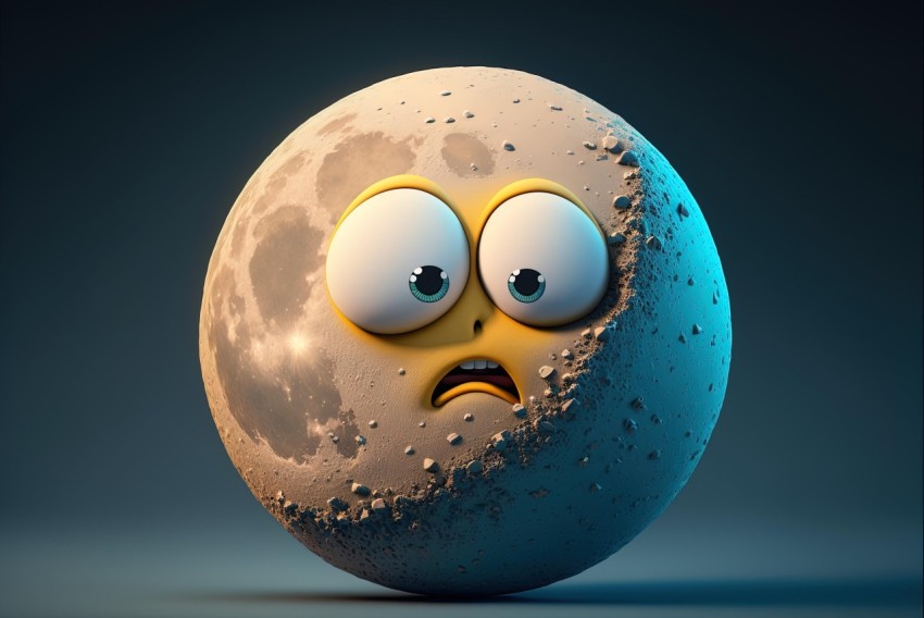 Sad Moon 3D Illustration with Expressive Character Design
