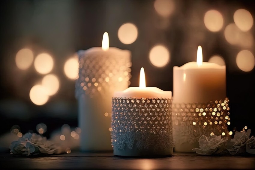 Elegant Ceramic Candles Surrounded by White Lace - Night Photography