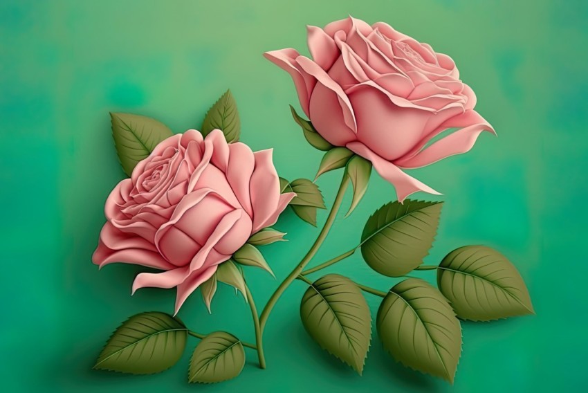 Pink Roses on Green Background: Ultra Detailed Cartoon Illustration