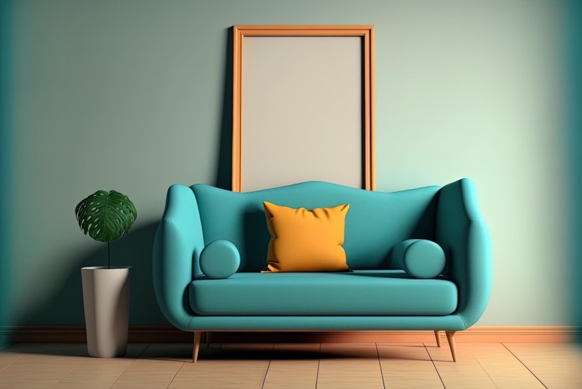 Blue Sofa with Yellow Pillows on Blue Wall | Cartoon Style