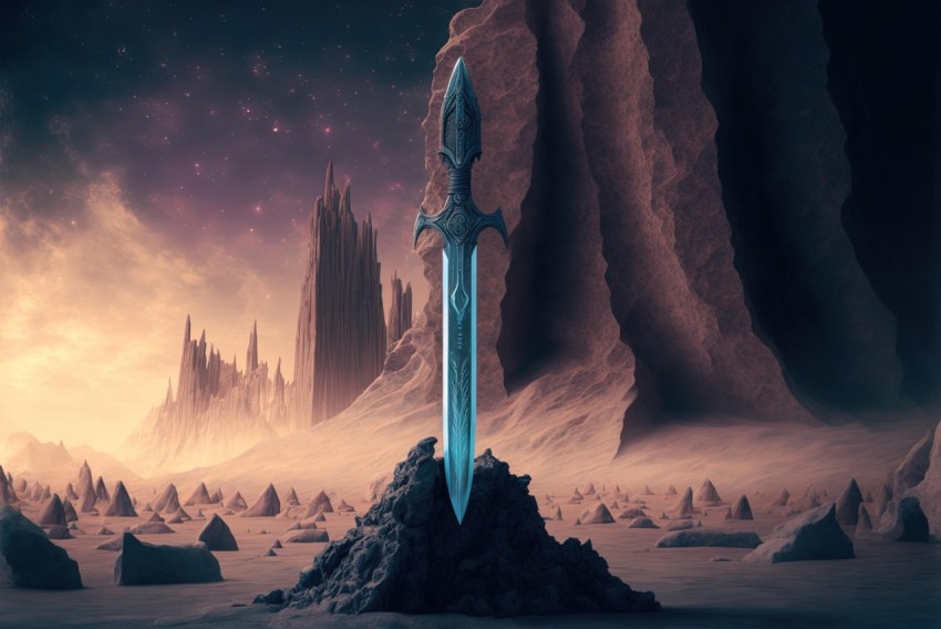 Fantasy Sword Hovering Over Desert | Dark Cyan & Gray | Photorealistic Landscapes