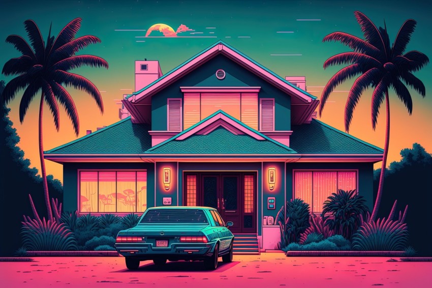 Retrowave Street Scene with Futuristic House and Palm Trees