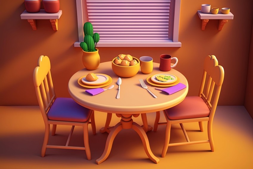 Colorful Dining Table Scene: Quirky Cartoonish Illustrations