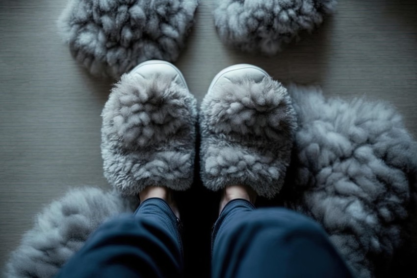 Grey Wool Slippers on Floor | Atmospheric Clouds | Texture and Shadows