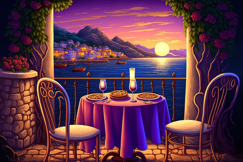 Romantic Pixel-Art Painting of Outdoor Table in Moonlit Seascape