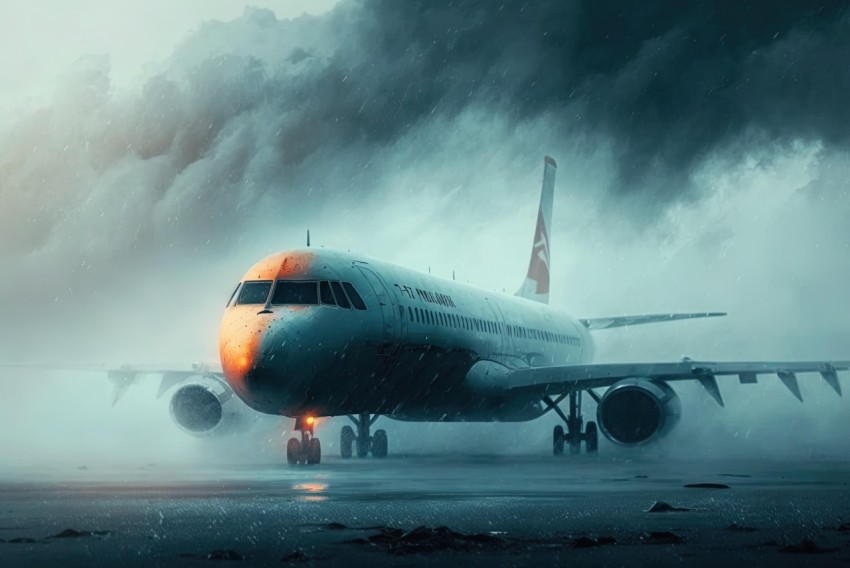 Plane on Runway on Rainy Day - Cinematic Composition