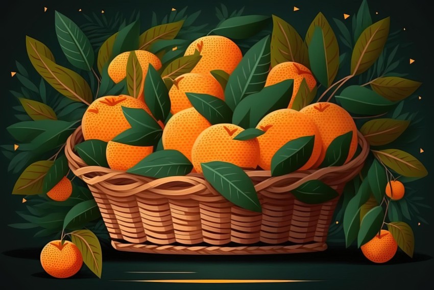 Hyper-Detailed Illustration of a Basket of Oranges with Leaves on Dark Background