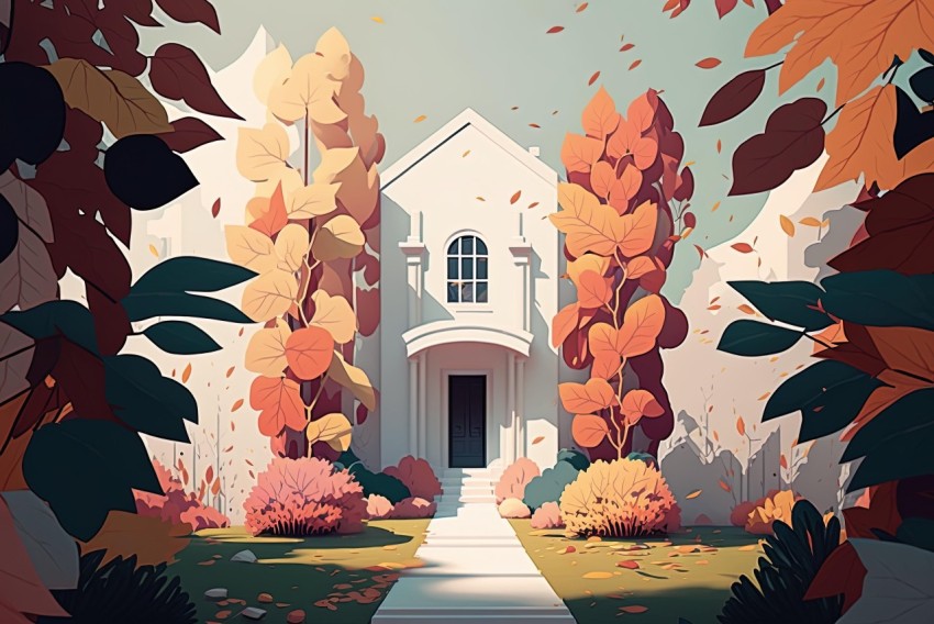 Illustration of Abandoned House with Autumn Leaves