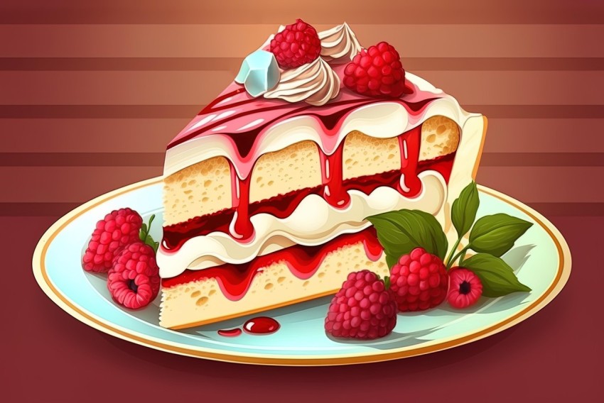 Piece of Cake with Cream and Raspberry in 2D Game Art Style