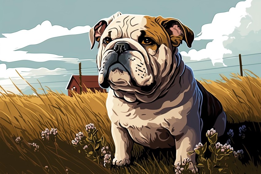 Bulldog Sitting in Grass | Graphic Novel Art | Realistic Landscapes