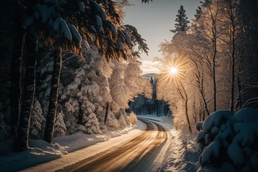 Snowy Road in Norwegian Nature: A Serene Winter Scene