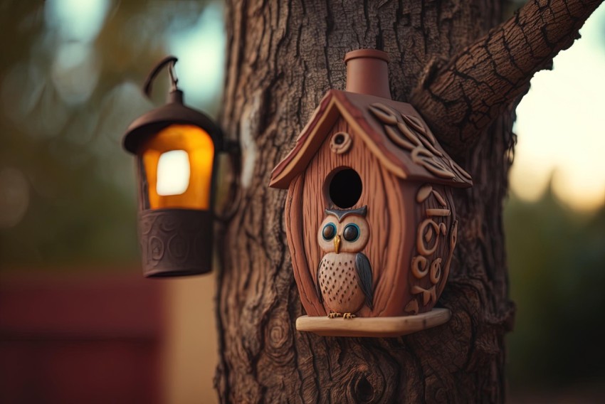 Realistic Owl Birdhouse on Tree Branches | Captivating Still Life