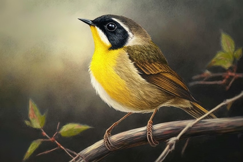 Realistic Oil Painting of a Yellow and Black Bird Perched on a Limb