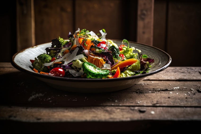 Salad in Bowl on Wooden Table - Canon EOS 5D Mark IV - Vibrant Spectrum Colors