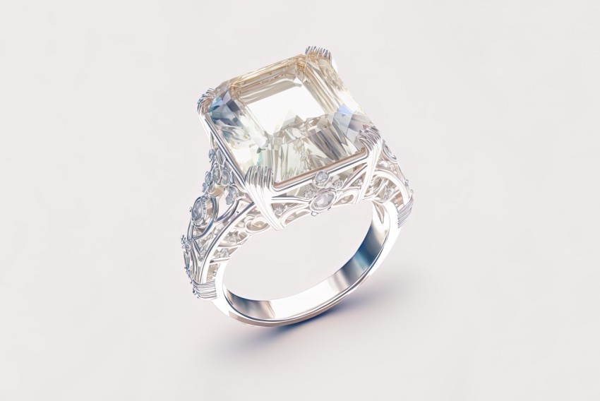 Vintage Charm: Realistic Diamond Ring with Emerald Cut