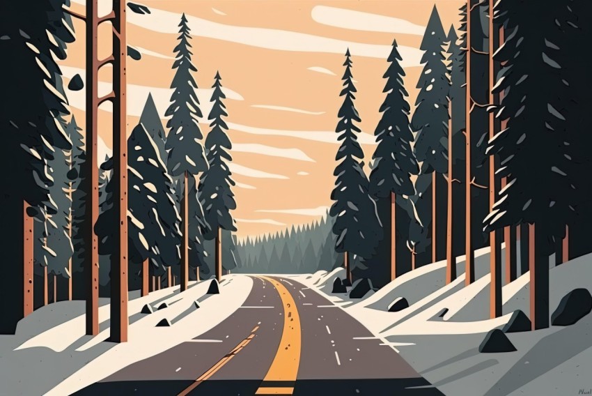 Winter Road Illustration with Forest Trees | Vancouver School