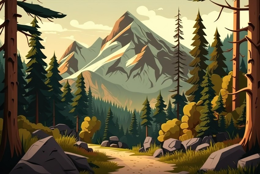 Cartoon Landscape with Mountains and Path | Photo-realistic Style