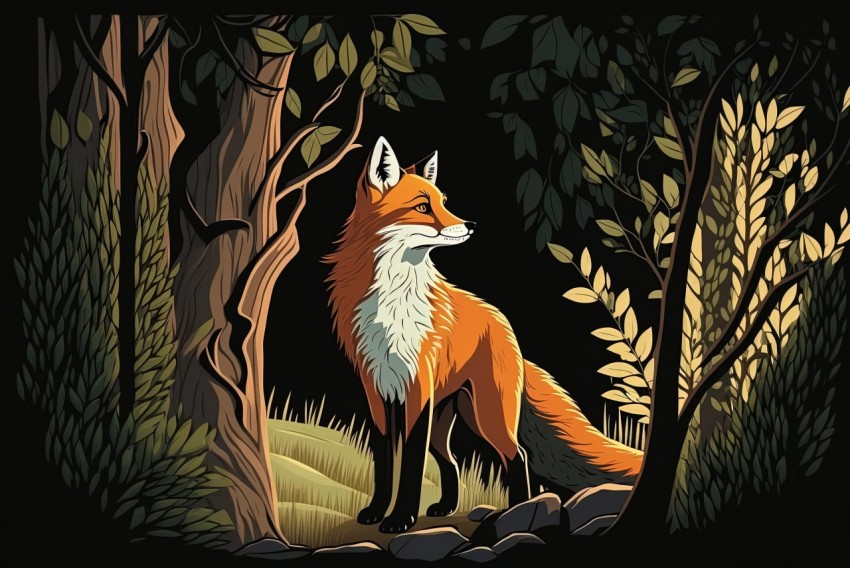 Orange Fox Illustration in Dark Forest | Illuminated Landscapes