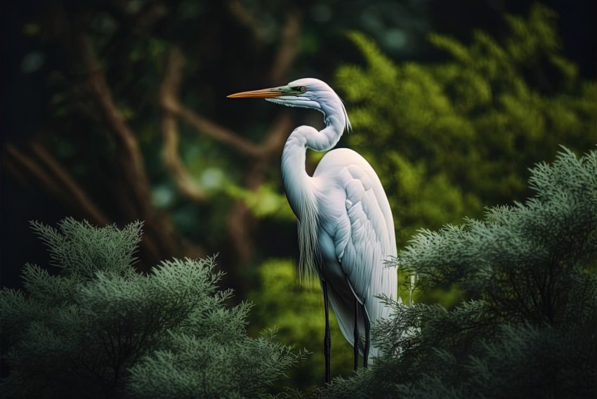 White Egret in Tall Green Branches | Moody Tonalism
