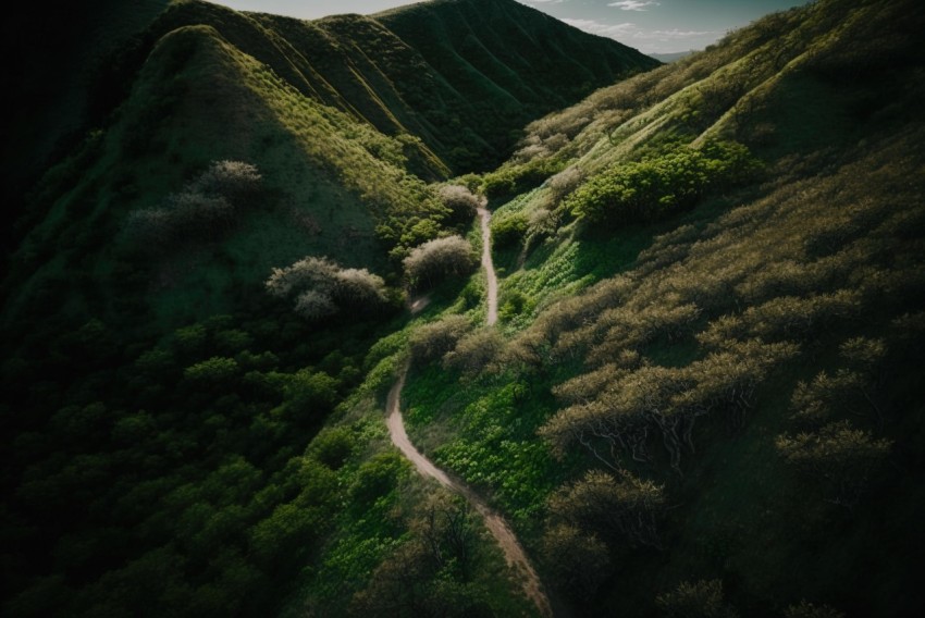 Aerial Shot of a Path Through a Lush Green Hill with Sun | California Impressionism