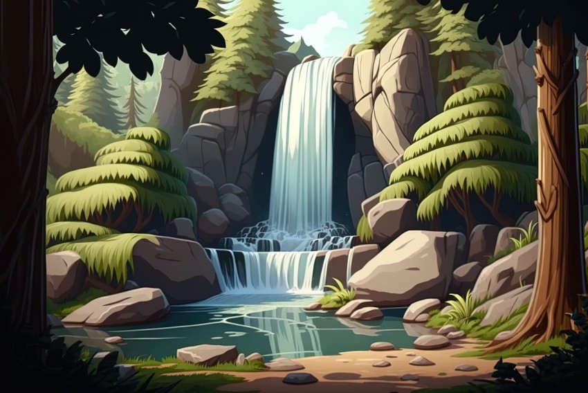 Cartoon Forest Waterfall Scene | Detailed Illustration