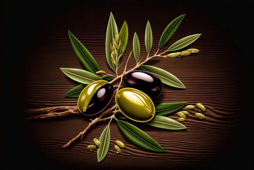 Illustration of Olives on Branch with Green Leaves | Varying Wood Grains