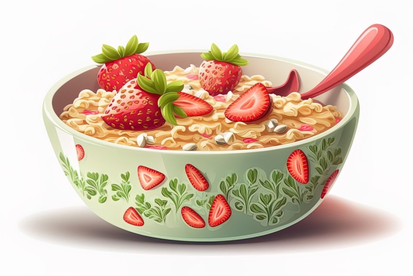 Highly Detailed Illustration of Cereal with Strawberries in a Green Bowl