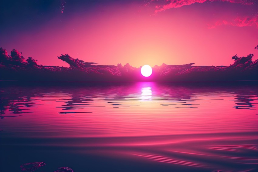 Pink Sunset with Clouds on Water - Futuristic Retro 8k 3D Artwork