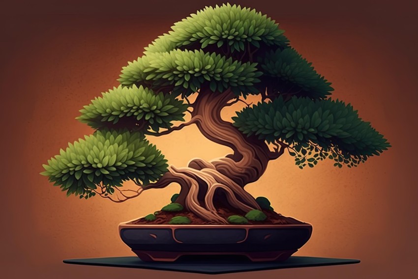 Bonsai Tree Desktop Wallpaper in 2D Game Art Style