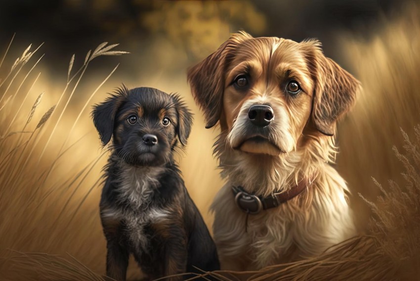 Realistic Portrait of Two Dogs in a Field of Tall Grass