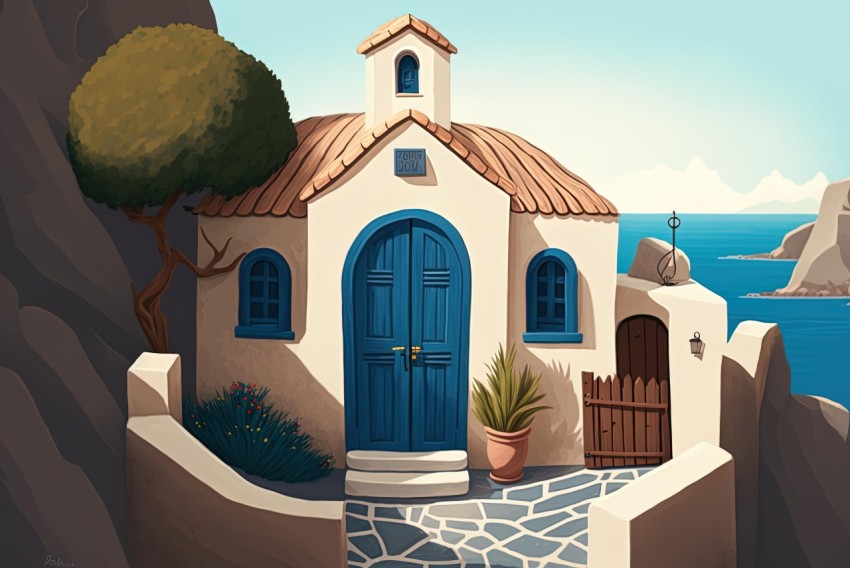 Mediterranean-inspired Caricature-like Illustration of a Small Building with a Blue Door