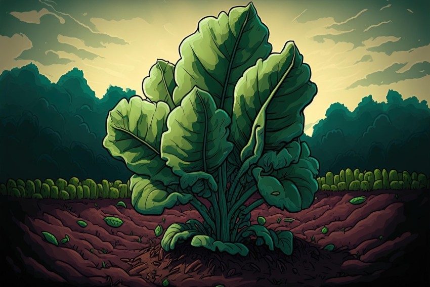 Dark and Moody Cartoon Illustration of Growing Broccoli in Detailed Foliage