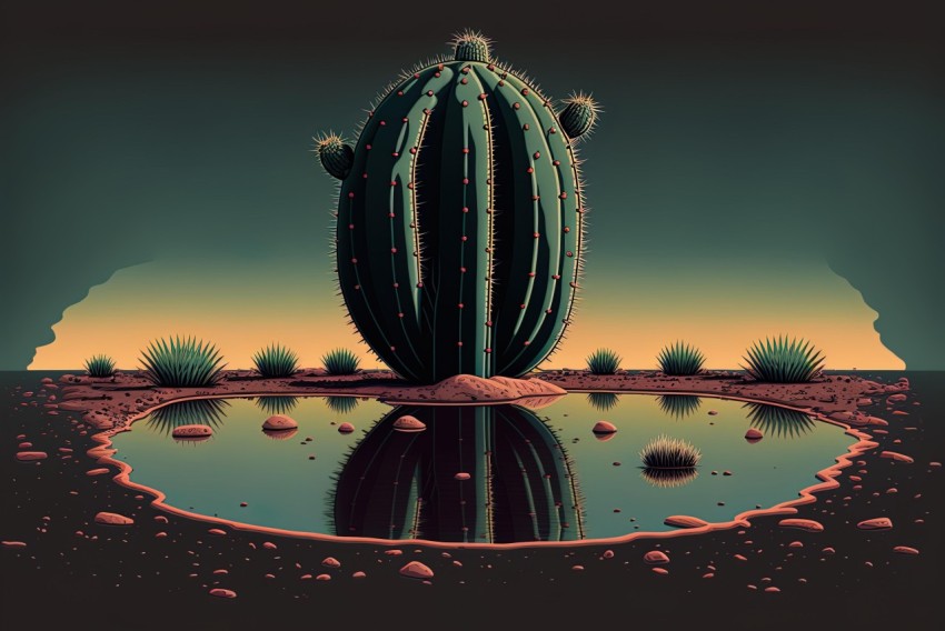 Cactus Reflection in Lake - Saturated Color Field Illustration