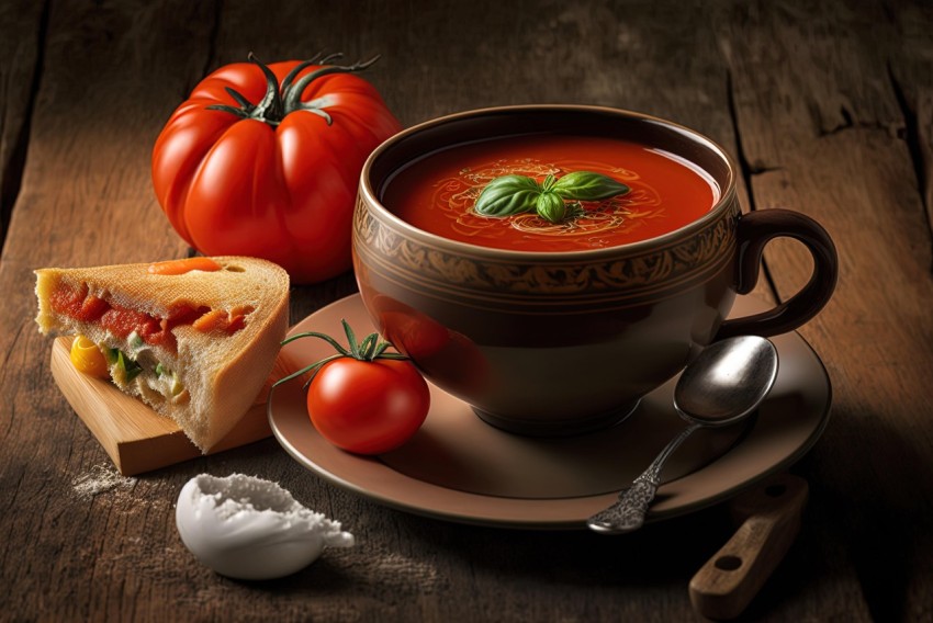 Meticulous Photorealistic Still Life: Rustic Scene with Sandwich and Tomato Soup