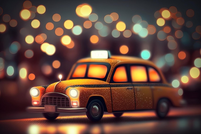 Vintage Taxi in Dark City Scene - Dreamy Pointillism Style