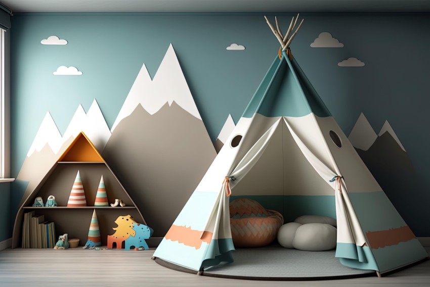 Teepee in Kids Room with Toys and Mountains