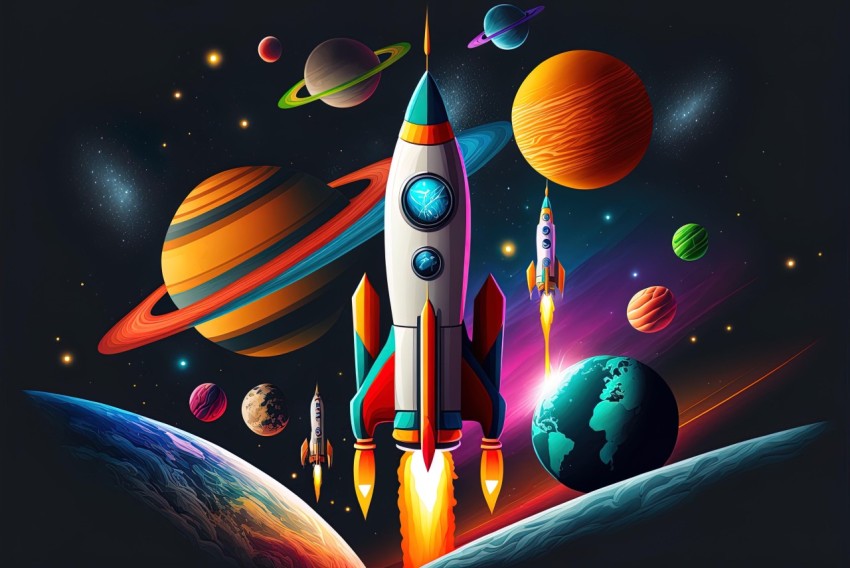 Space Rocket Flying through the Space with Planets - Hyper-Detailed Illustration