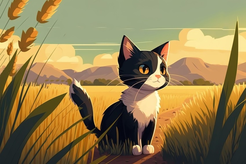 Cartoon Cat in Realistic Landscape with Wheat Field