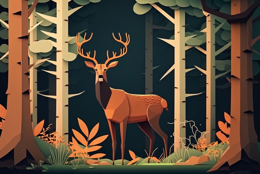 Detailed Deer Illustration in Forest | Flat Style | Warm Tones