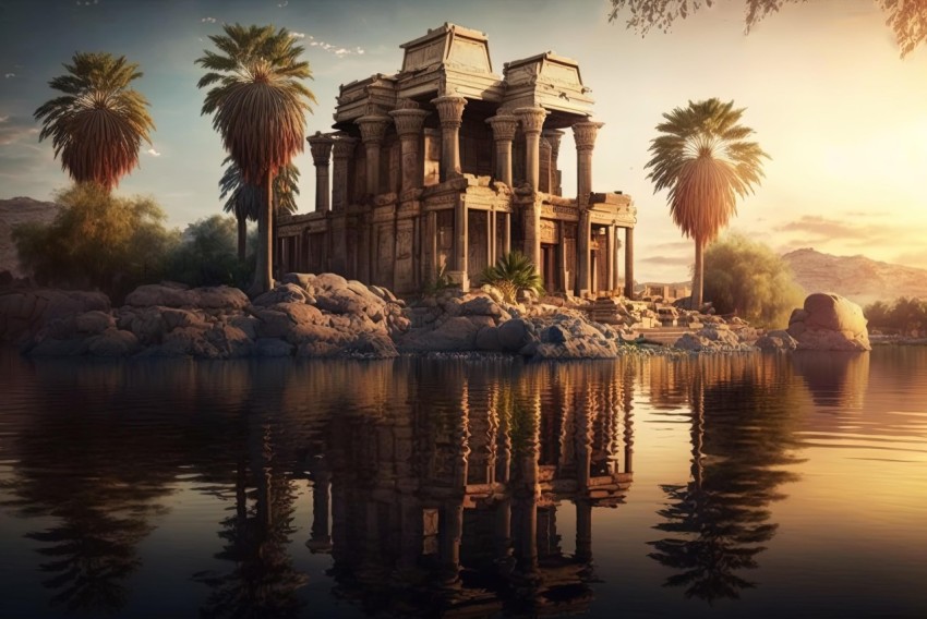 Mesopotamian Art Inspired Ancient Temple in Water with Palm Trees