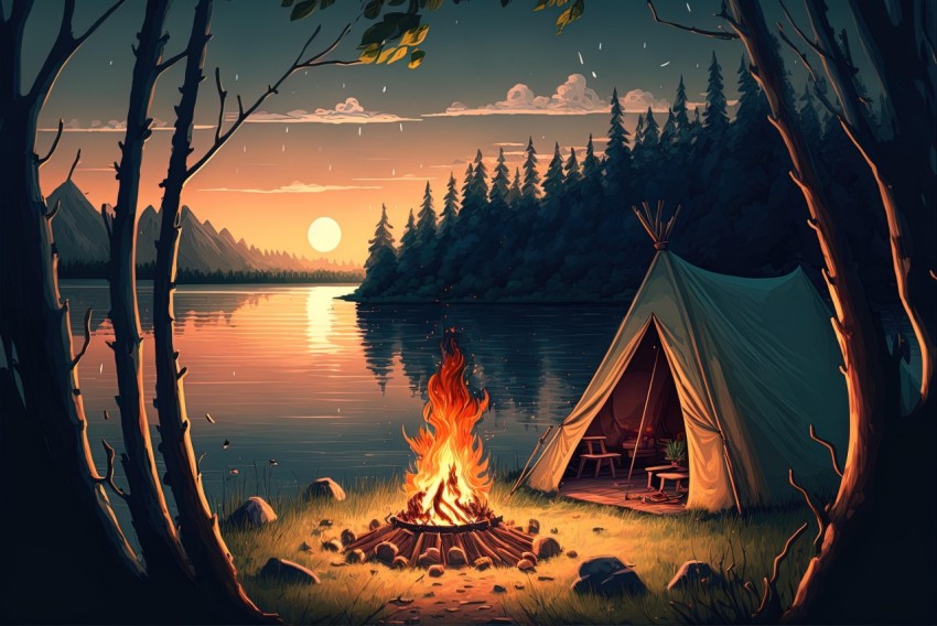 Campfire Scene by the Lake - Detailed Illustration