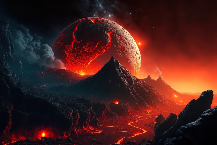 Vibrant Fantasy Landscape with Volcano and Lava