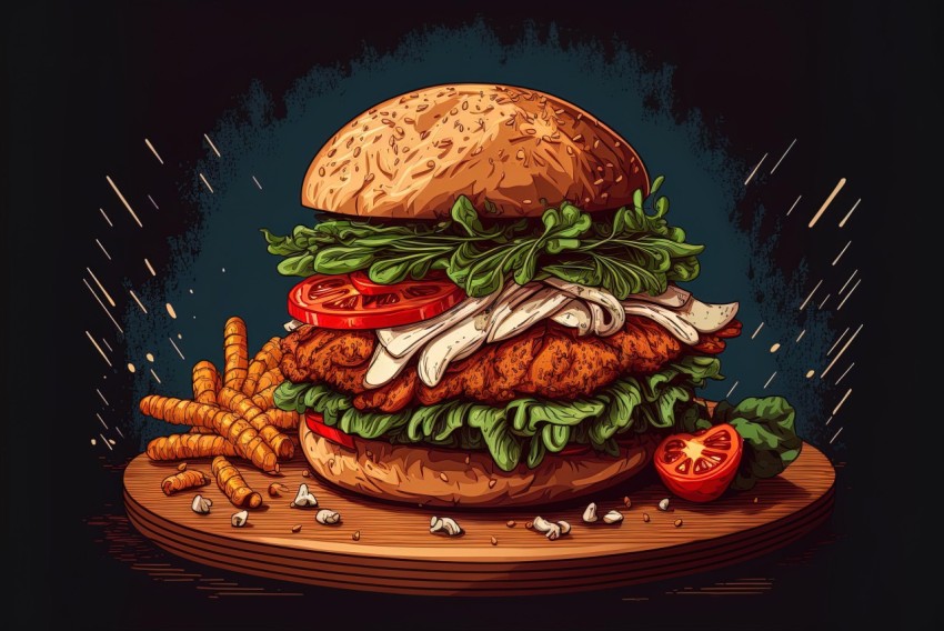 Hand Drawn Burger for Vegetarians on Black Background - Realistic Genre Scenes
