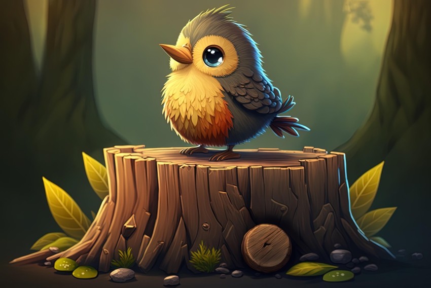 Cartoon Bird on Stump in Forest - Soft Realism 2D Game Art
