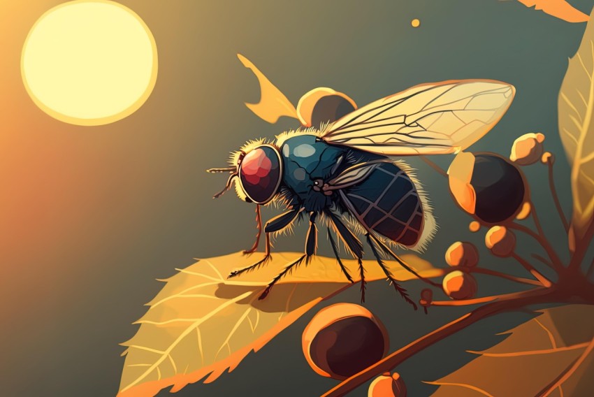 Detailed Character Design of a Fly on a Branch in a Sunset Background
