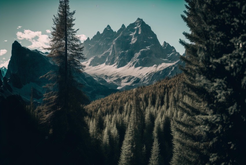 Majestic Mountains with Pine Trees | Dark Cyan and Brown | Swiss Style