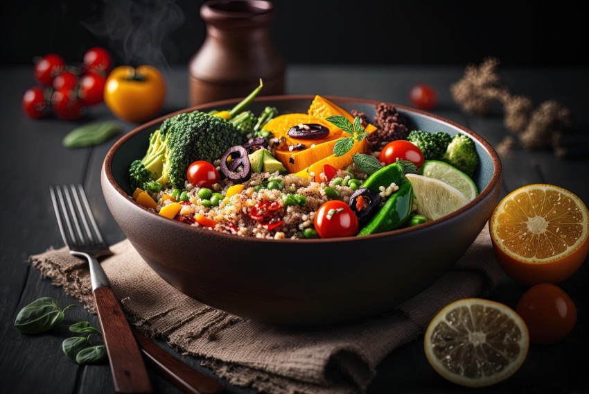 Delicious Vegetarian Dish in a Bowl with Fruits and Vegetables