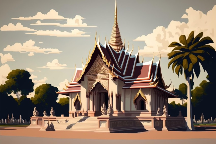 Stylized Traditional Thai Temple on Field | Realistic Color Palette
